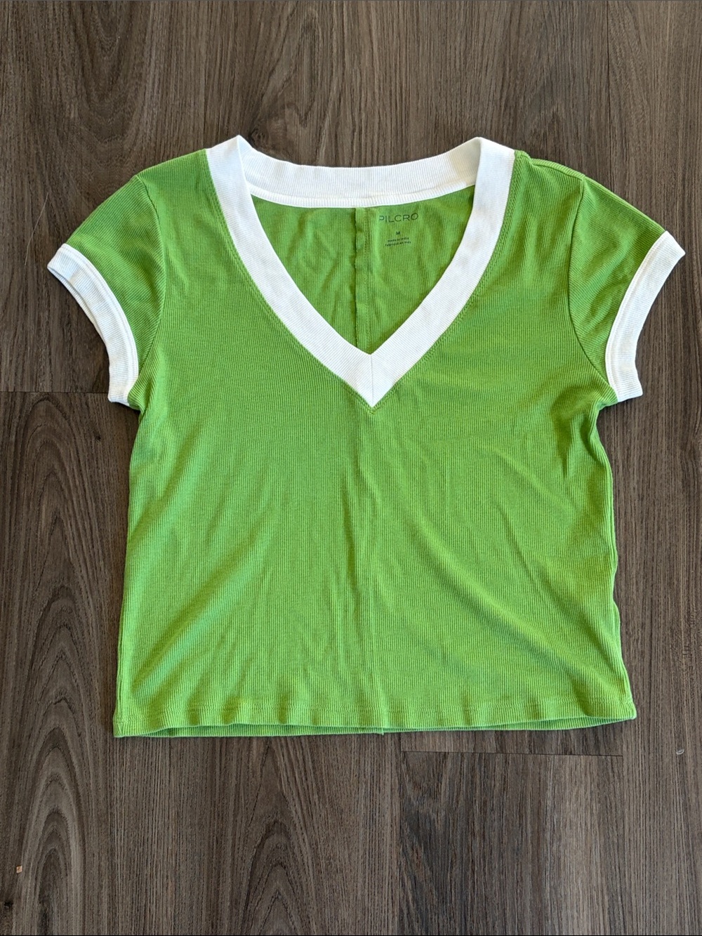 Pilcro Green V-Neck Boxy Tee with White Trim